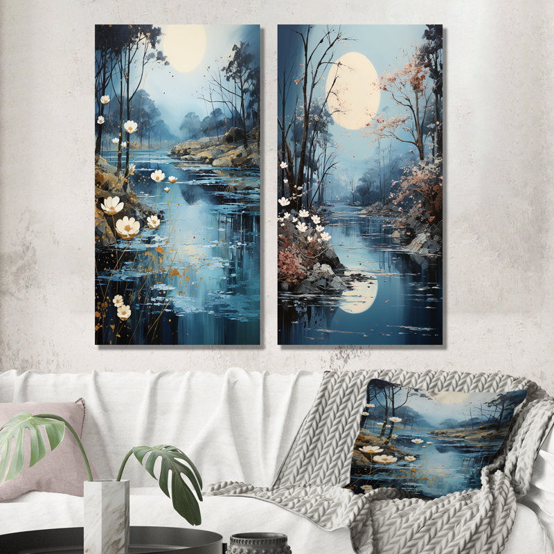 Blue Moonlit River Blooms I - ensemble de 3 décorations murales en métal Forest River, H 32 po x l 32 po