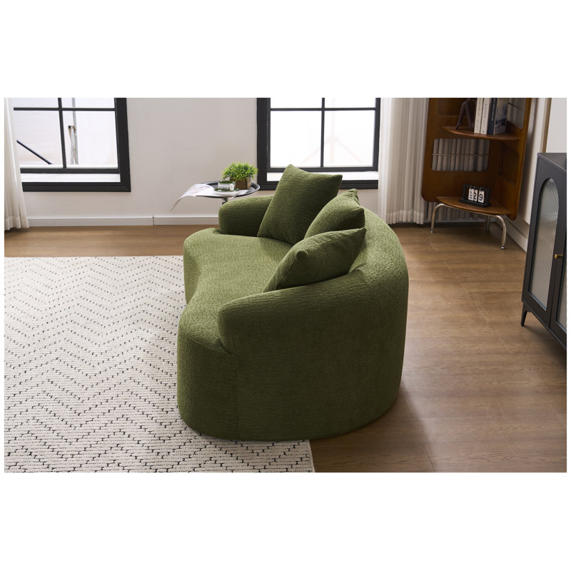 Canapé deux places incurvé en tissu chenille vert antique, aucun assemblage requis, idéal pour les petits espaces et les appartements, comprend 3 coussins décoratifs.