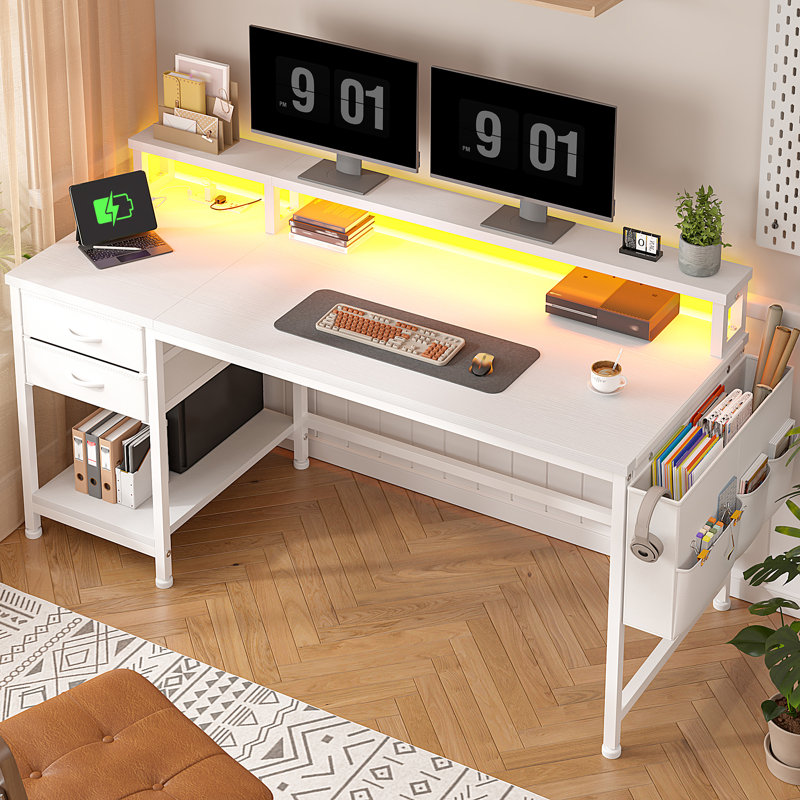 Computer Desk With Monitor Stand & Power Outlet & 2 Drawers & Side Pocket,gaming Desk With Led Lights, White