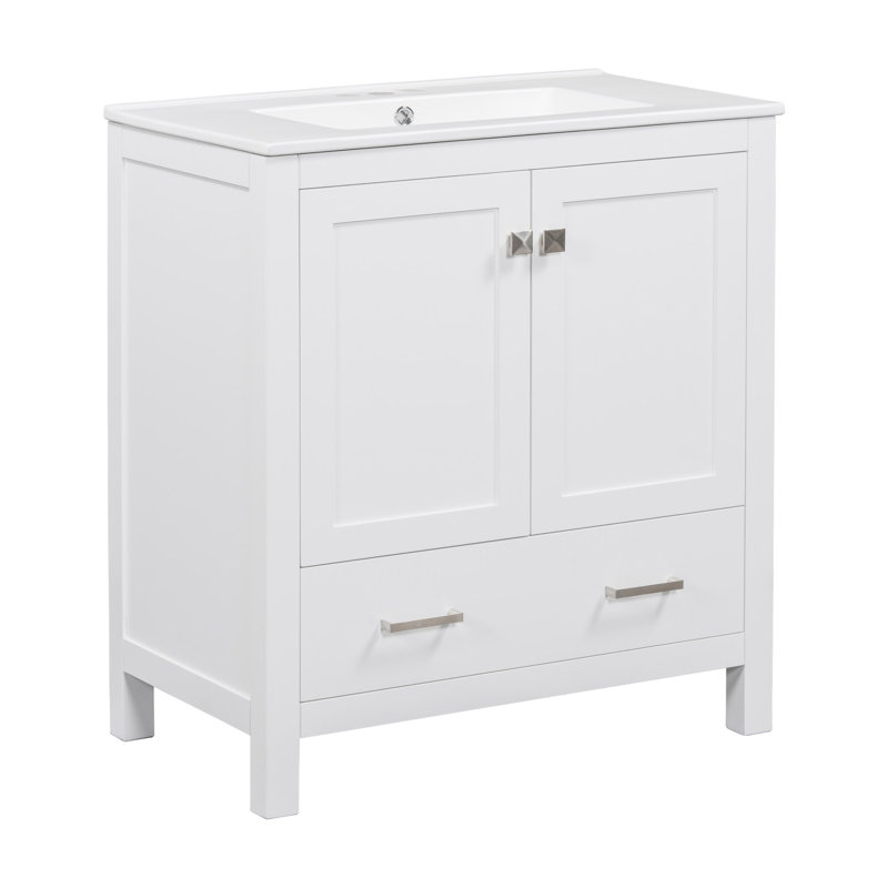 Meuble-lavabo simple autoportant de 30 po avec plateau en céramique, Blanc