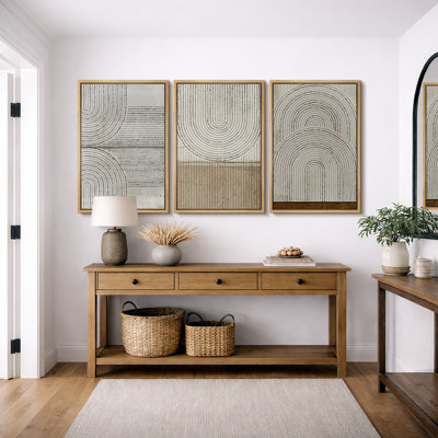 Mid Century Modern Boho "Disgressed Grunge Geometric Arch Circle Lines Artwork, Abstract Cozy Neutral Wall Pictures, Framed Canvas Giclée Print 3 Pieces Wall Art" 16"x24"x3 pcs, 24"x36"x3 pcs