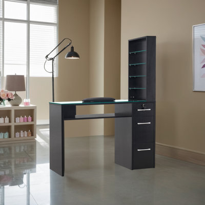 Classic Nail Desk with Glass Table Top, Glass Shelves and Lockable Drawer