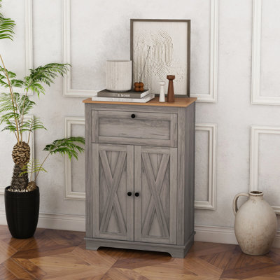 Barn Door Cabinet, Gray - Drawer, Adjustable Shelf, Double Doors For Home Storage Side Cabinet. With Doors, Drawer & Shelf. For Bedroom And Living Room. Ample Space. Tipping. Particleboard Made.