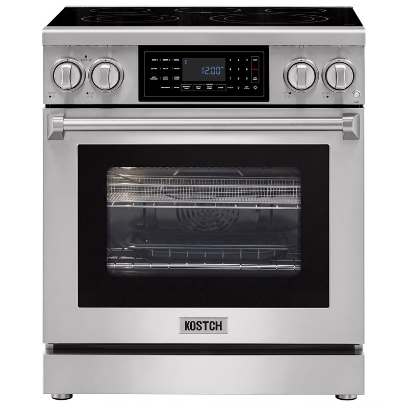 Cuisinière électrique professionnelle de 30 po avec panneau de commande inclinable Kostch, plaque de cuisson à 5 éléments, four à convection véritable de 4,8 pieds cubes, friture à air et autonettoyante en acier inoxydable
