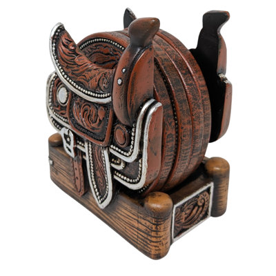 Western Cowboy-Inspired Resin Coaster Set With Floral Tooled Leather Design And Holder – Rustic Horse-Themed Drink Coasters