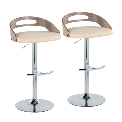 Tabouret réglable avec pivot en métal chromé, bois gris clair et similicuir crème avec repose-pieds rond en T - ensemble de 2