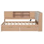 Lit de jour en bois en L simple avec tiroirs d'angle sous le lit avec bibliothèque de rangement, tête de lit tapissier et ports de chargement USB