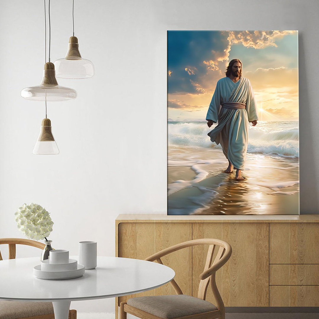 Jesus Wall Decor Canvas Christ Posters Prints God Canvas Art Jesus Walking On The Beach Picture Artwork For Bedroom Office Framed Ready To Hang 16X24