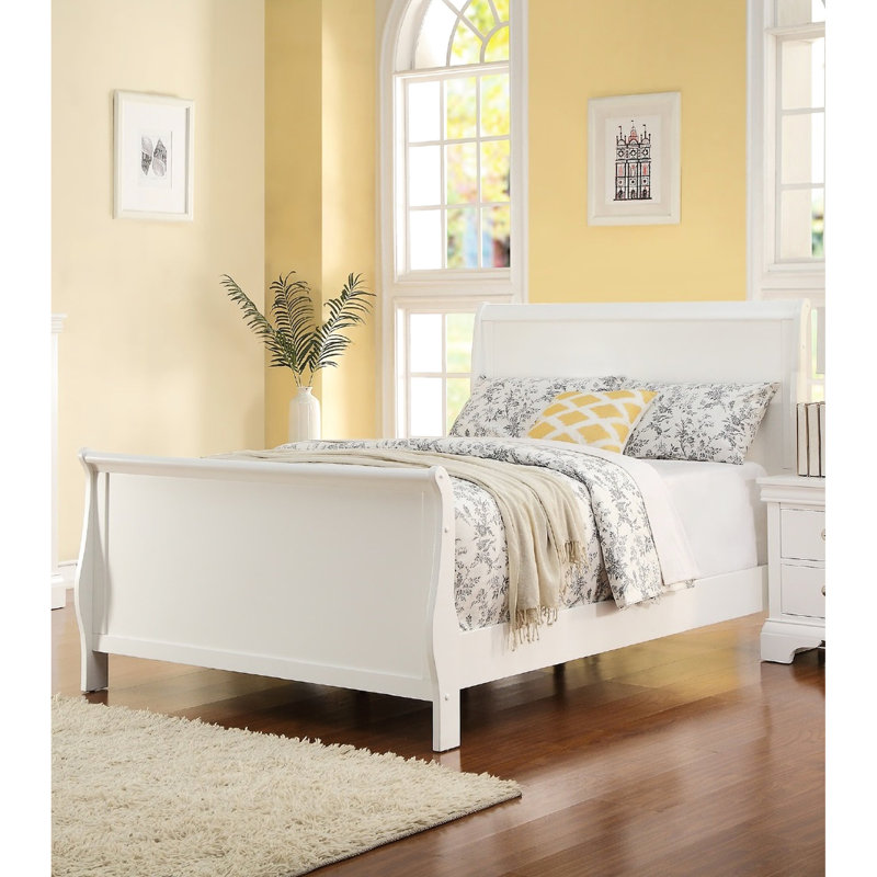 Lit double de couleur blanche avec tête de lit en contreplaqué et pieds unis, Lit double
