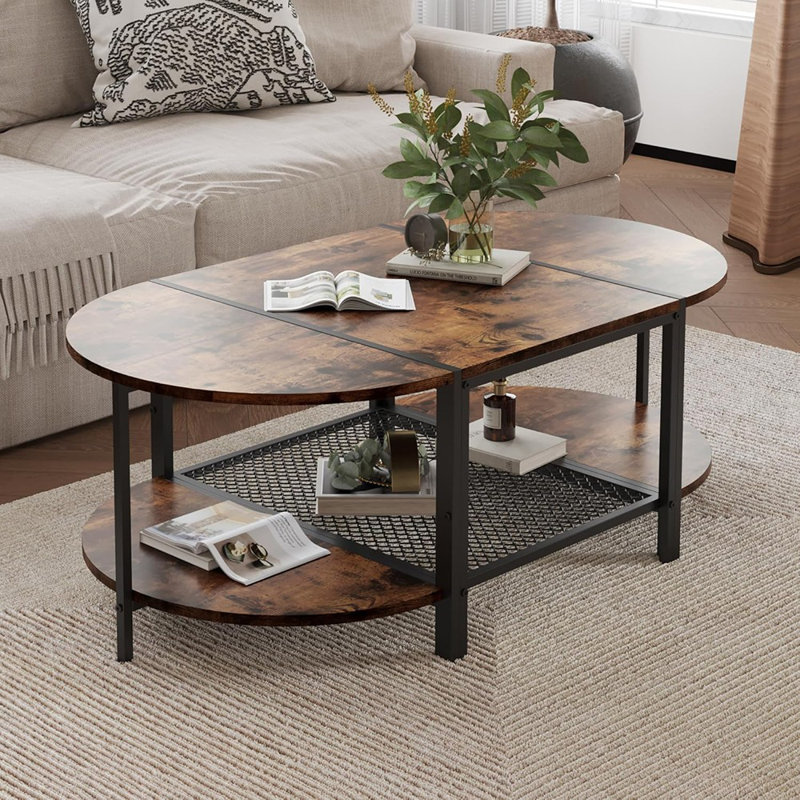 Table basse ovale, centre de salon brun à 2 niveaux avec structure en métal et tablette de rangement