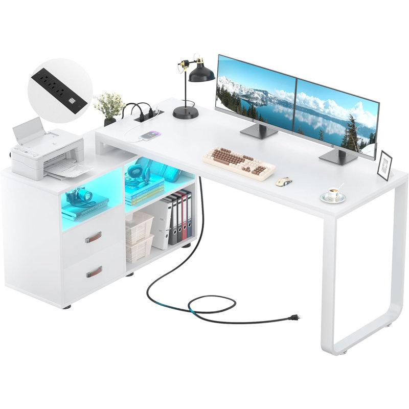  Bureau d'ordinateur en forme de L de 157 cm avec tiroir à dossiers suspendus et éclairage DEL, Blanc