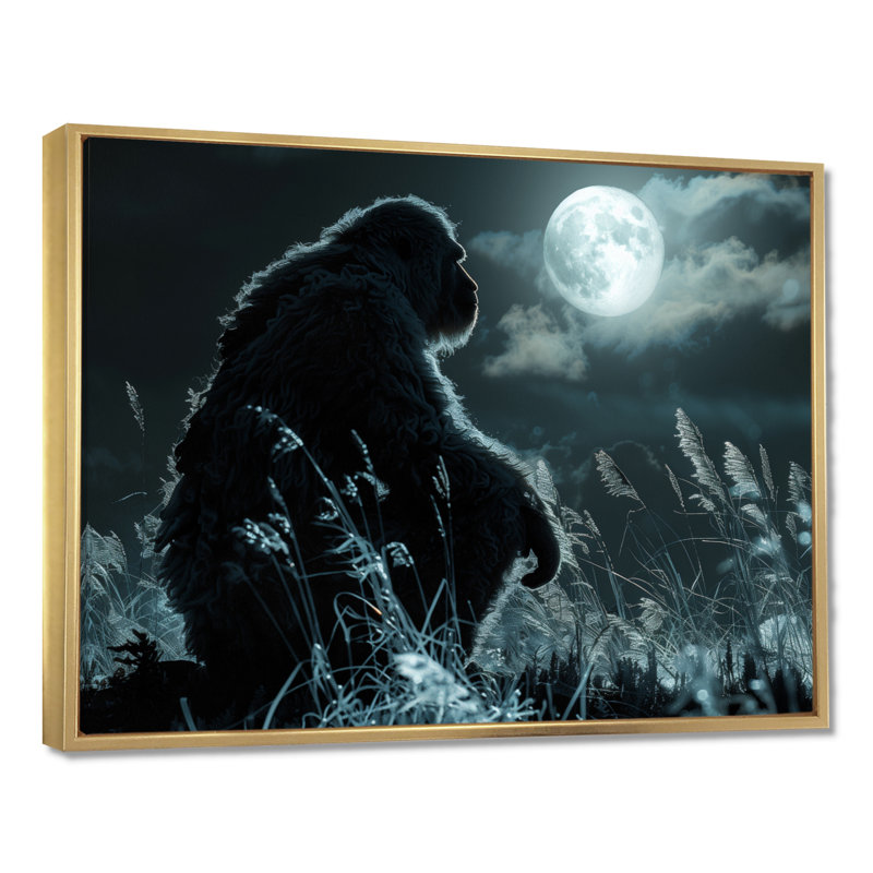Noir et blanc clair de lune prairie Bigfoot - Bigfoot Wall Art Living Room, Toile avec cadre flottant or