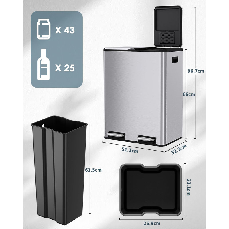 Stainless Steel Step On Multi-Compartment Rubbish & Recycling Bin - 60L, Silver