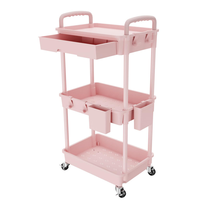 3 Tier Rolling Utility Cart With Drawer,Storage Cart,Rolling Cart Storage Organizer With Iron Wheels,Grey, Pink