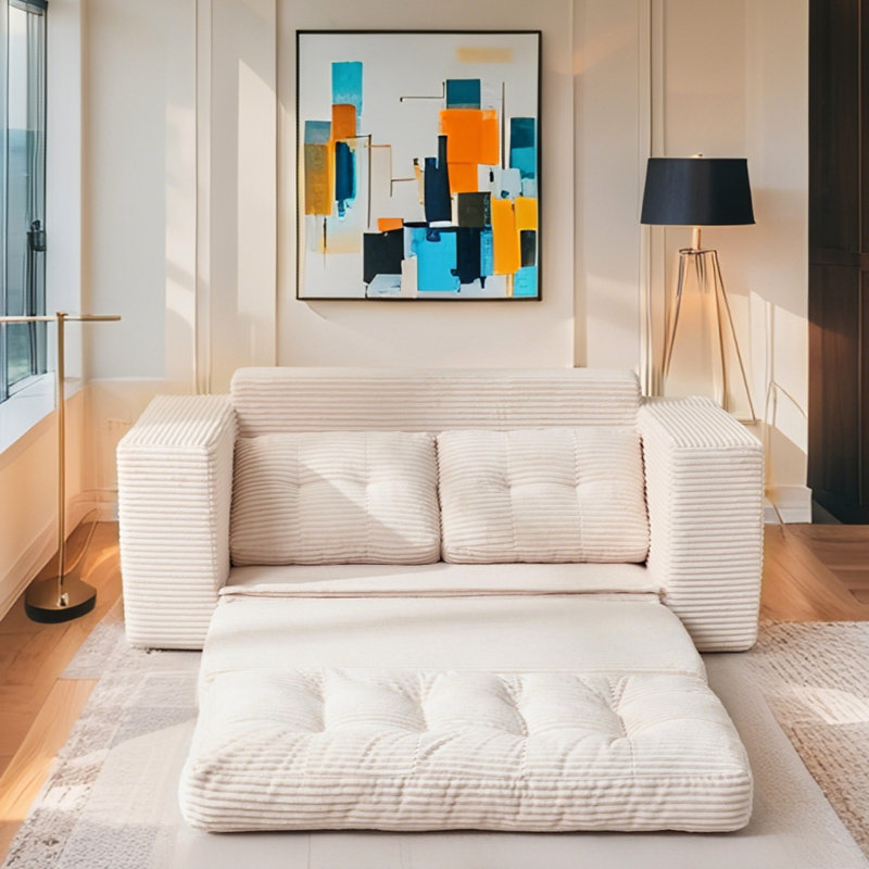 Lit convertible 21 po, velours côtelé, mousse haute, antidérapant, pour petits espaces, lit beige avec cadre en acier à mémoire de forme, sans assemblage, chambre d'amis idéale,