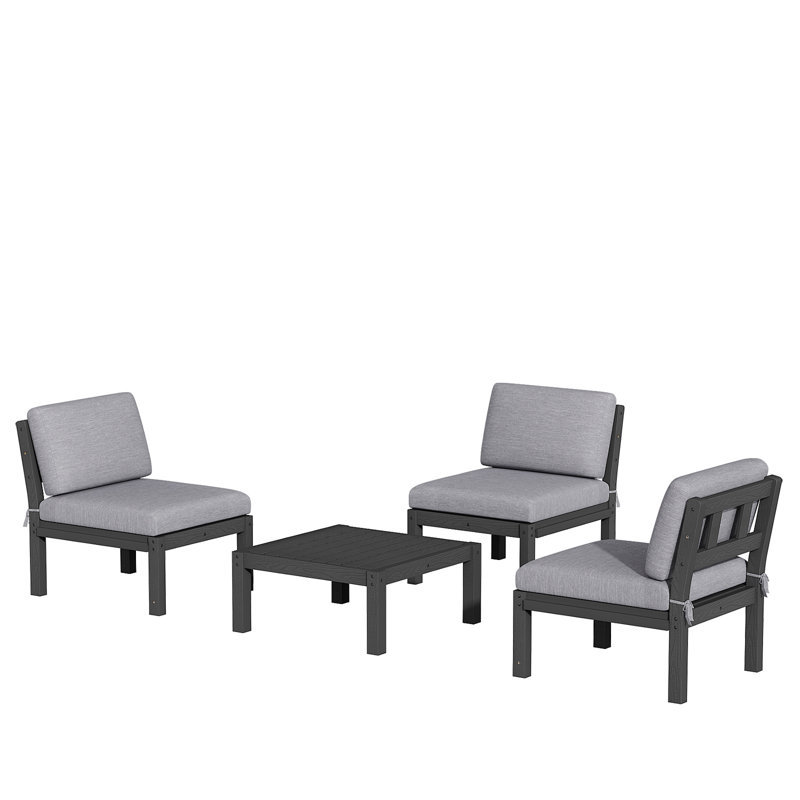 3 - Person Modular Patio Conversation Sets With Cushions, 4-Piece Outdoor All-Weather Waterproof HIPS Sofa Seating Group, Black