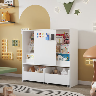 Bibliothèque à 4 niveaux pour enfants avec porte coulissante magnétique et deux bacs de rangement - Bibliothèque blanche moderne pour chambre d'enfant, chambre de bébé ou salle de jeux