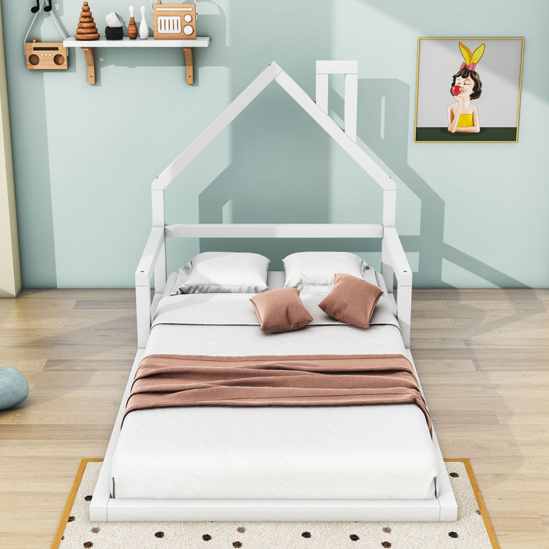Twin Size Wood Platform Bed with Headboard, White