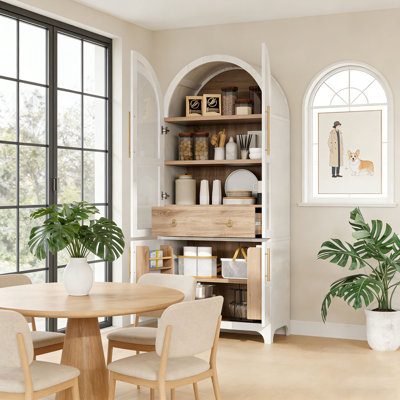 Garde-manger arqué de 71 po de hauteur, armoires de rangement modernes en bois avec portes en verre