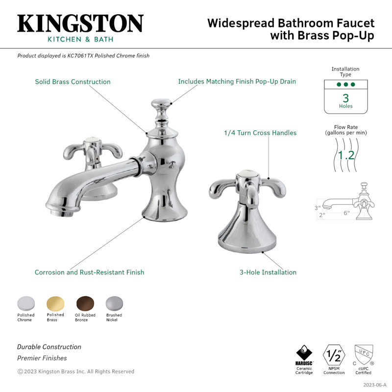Robinet de salle de bain espacé à 2 poignées et 3 poignées à fixation sur le comptoir avec bonde escamotable en laiton Kingston