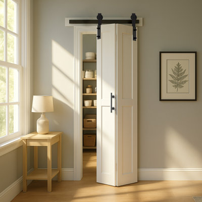 S&Z TOPHAND® White Bi-Fold MDF Sliding Folding Double Barn Door With Hardware Kit & Solid Handle, MDF With Water-Proof PVC Surface Complete Door, No Assembly Required