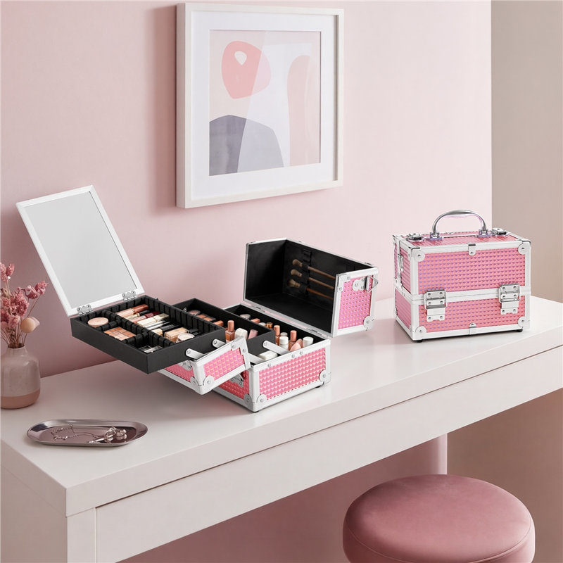 Étui de rangement portatif pour cosmétiques avec miroir, Glitter Pink