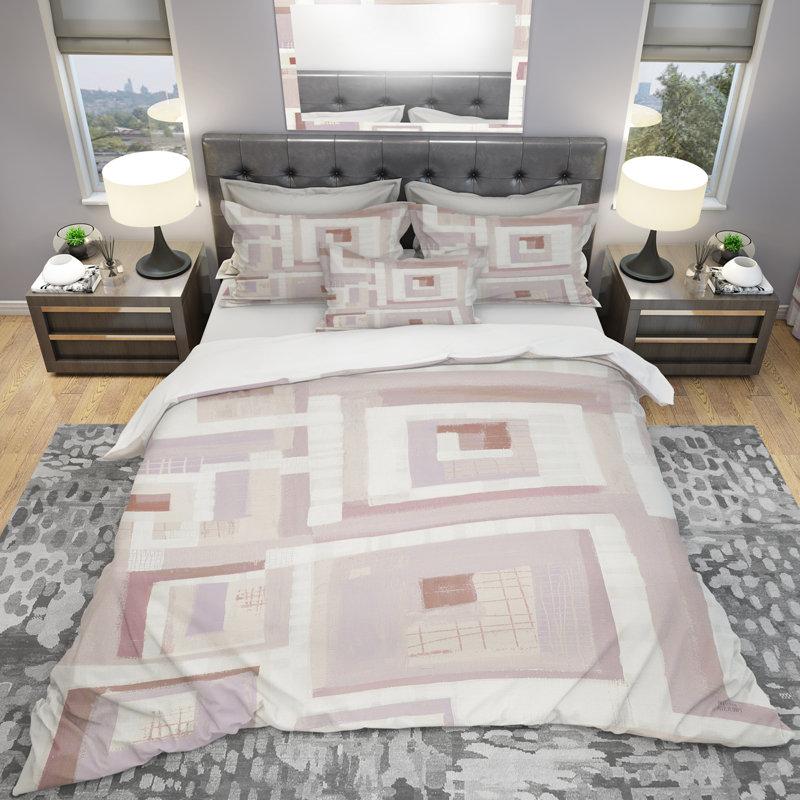 Pink Geometric Form Windows I - Transitional Duvet Cover Set - Microfiber Polyester, King Duvet Cover + 2 Shams