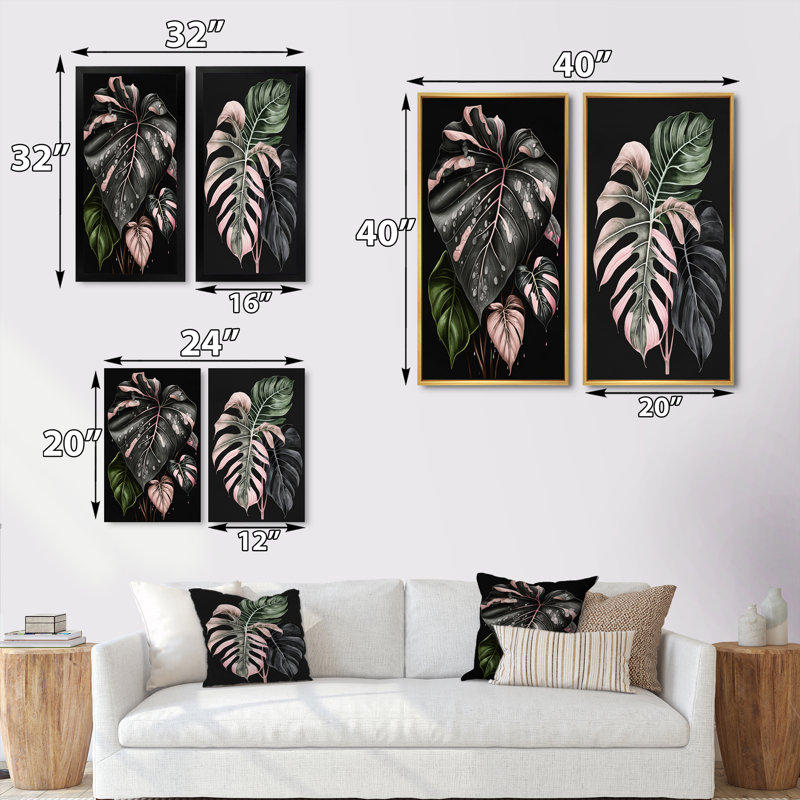 Rose et blanc feuille de philodendron I - ensemble d'art mural floral de 2 pièces, H 40 po x l 40 po, Encadrement doré