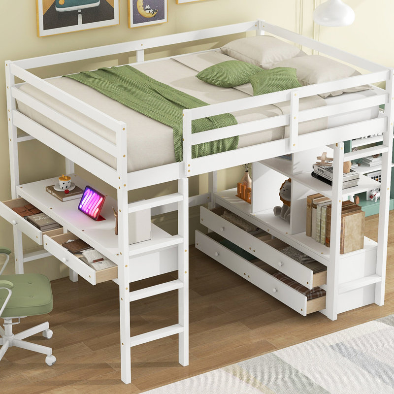 Lit mezzanine double blanc avec bureau et rangement - Maximisez efficacement votre espace avec tiroirs, tablettes, armoires (taille encastrée et structure en pin, économisez
