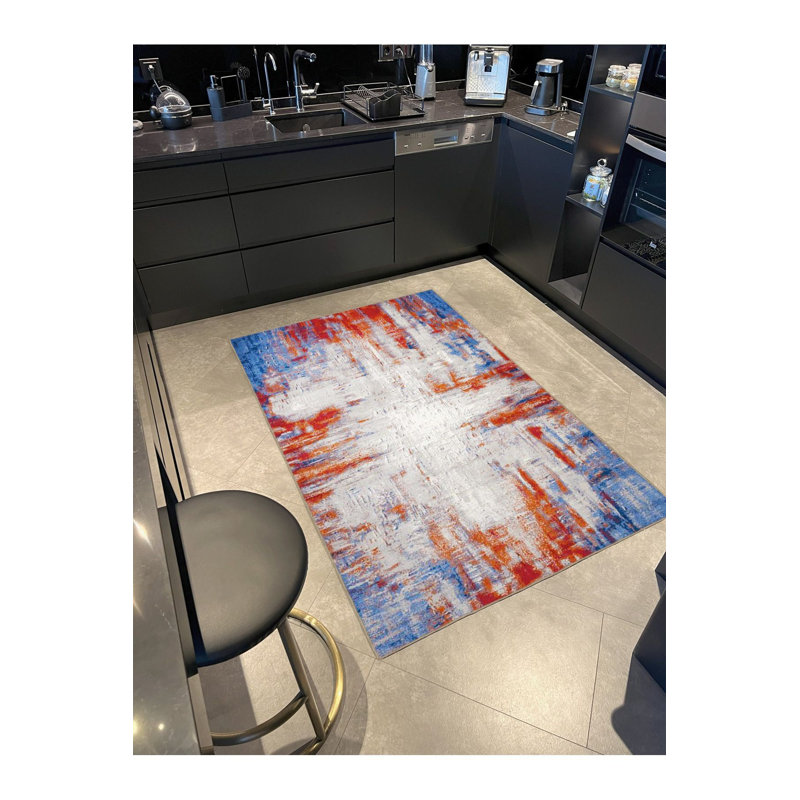 Tapis bleu lavable à motif abstrait bleu et orange, Sous-tapis rectangulaire 2 pi 6 po x 4 pi 11 po