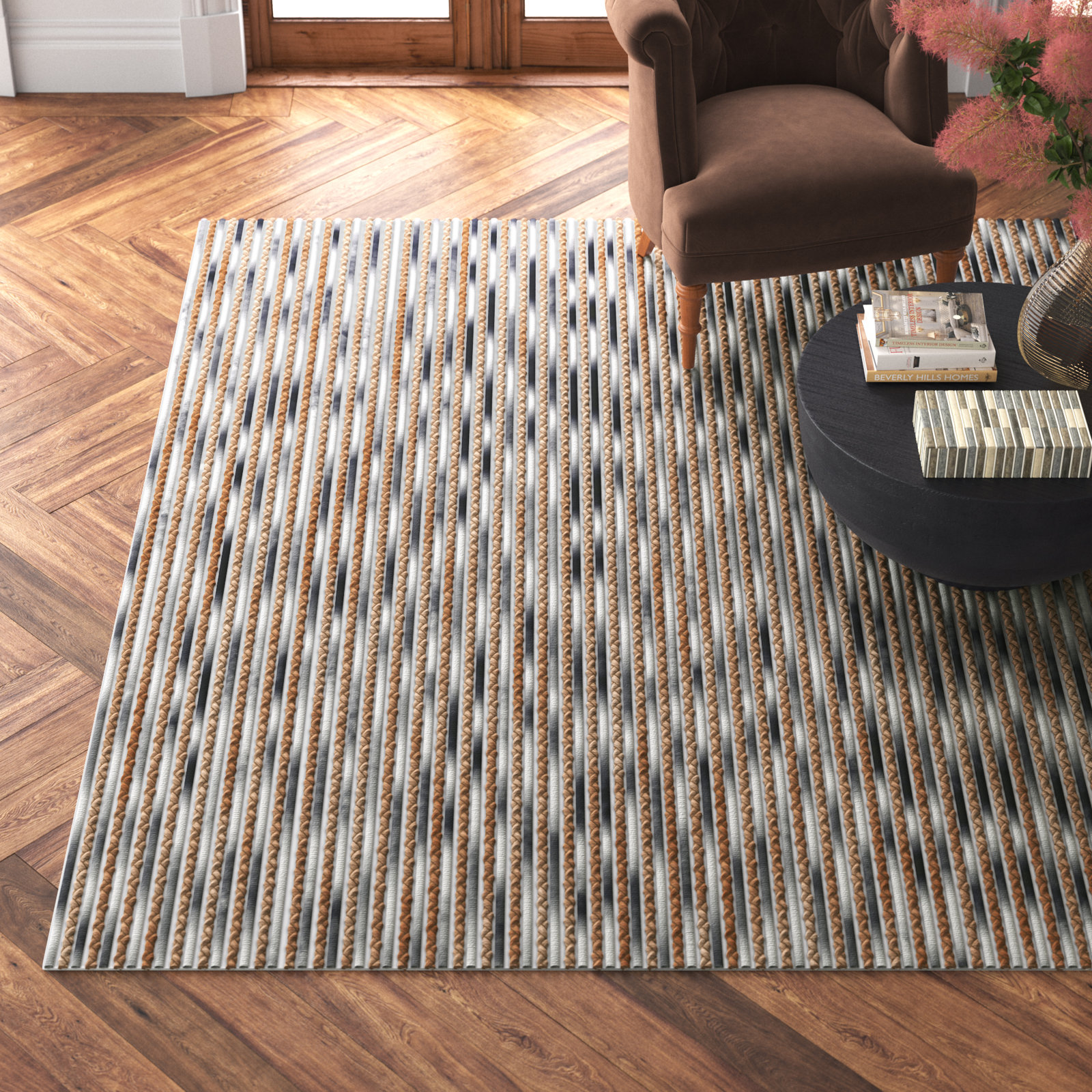 Cocci Natural Gray Hand-Loomed Striped Jute Rug, Rectangle 6' x 9'