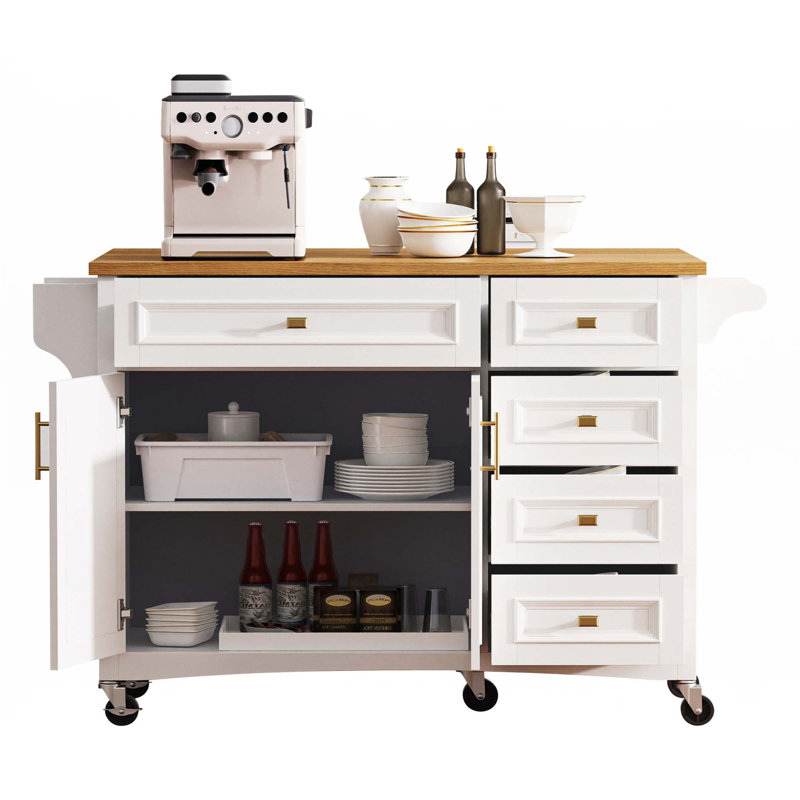 52'' Kitchen Island With Drop Leaf, Wheels,Spice Rack, Towel Rack,Adjustable Shelf, White