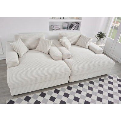 Corduroy Square Arms Double Lounge Chaise With Sturdy Legs, Large Back Cushion & Toss Pillows