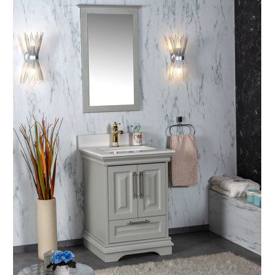 Romana 24"" Free-standing Single Bathroom Vanity with Quartz Vanity Top, Sink, Mirror, Handles -  Adorn Vanity, AVRCG24