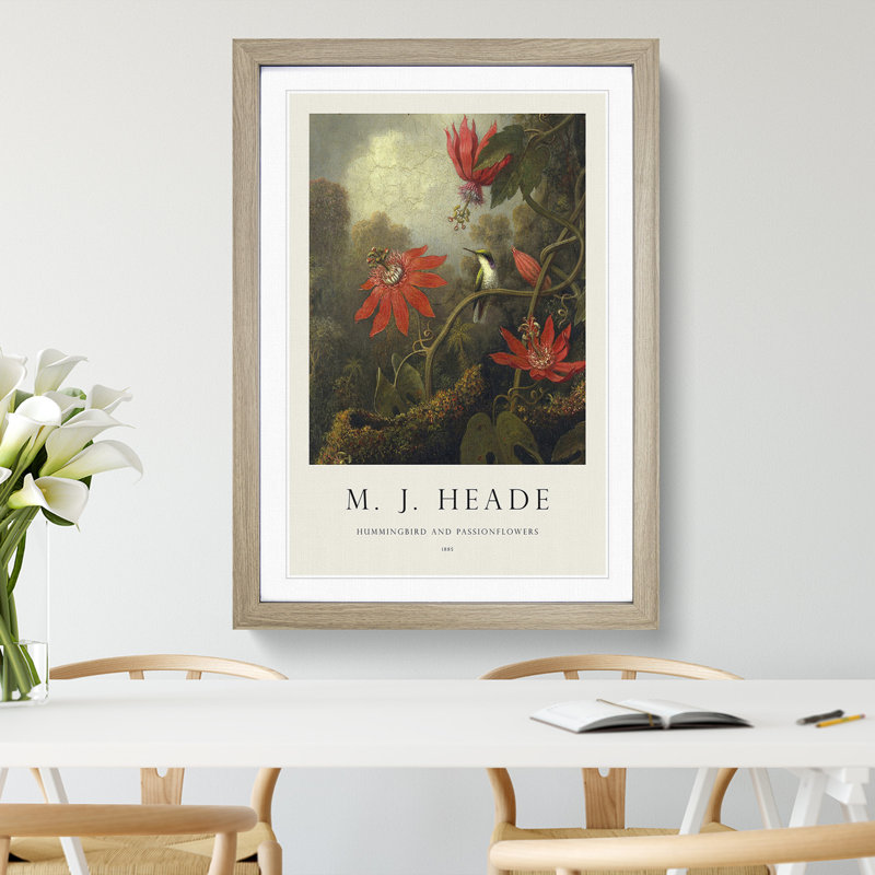 Hummingbird and Flowers by Martin Johnson Heade - Picture Frame Painting, 48cm H x 36cm W x 2cm D, Oak Framed