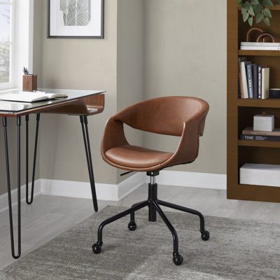 Chaise de travail en métal noir et similicuir brun clair