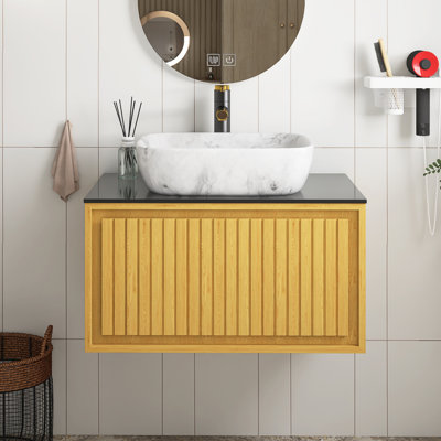 Meuble-lavabo de salle de bain en contreplaqué, meuble de rangement mural avec tiroir, vasque en céramique à motif de marbre et plateau en pierre frittée noire, pré-assemblé, couleur grain de bois de chêne Corolla