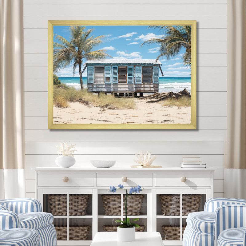 «Beachside Cottage Charm II - Coastal Windows», art mural, Cadre doré à coins fermés, H 12 po x l 20 po x P 1 po