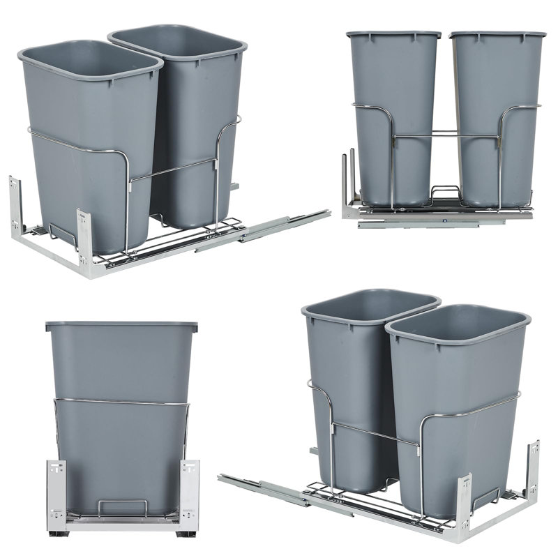 Double poubelle coulissante pour armoire de cuisine, poubelle 2 x 35QT avec glissières silencieuses à extension complète, largeur minimale de 15,75 po