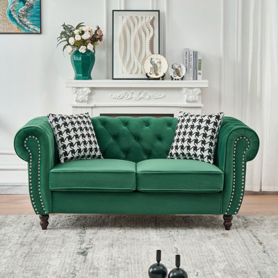 Canapé 65 po Chesterfield en tissu d'ameublement en tissu d'ameublement avec accoudoirs roulés et têtes de clou, canapé rembourré de style Mid-Century, canapé 2 places pour le salon, le bureau, un appartement