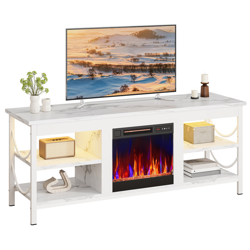 55 Inch Electric Fireplace TV Stand Fit For Tvs Up To 65 Inch Gaming Entertainment Center With Open Storage Shelves, White