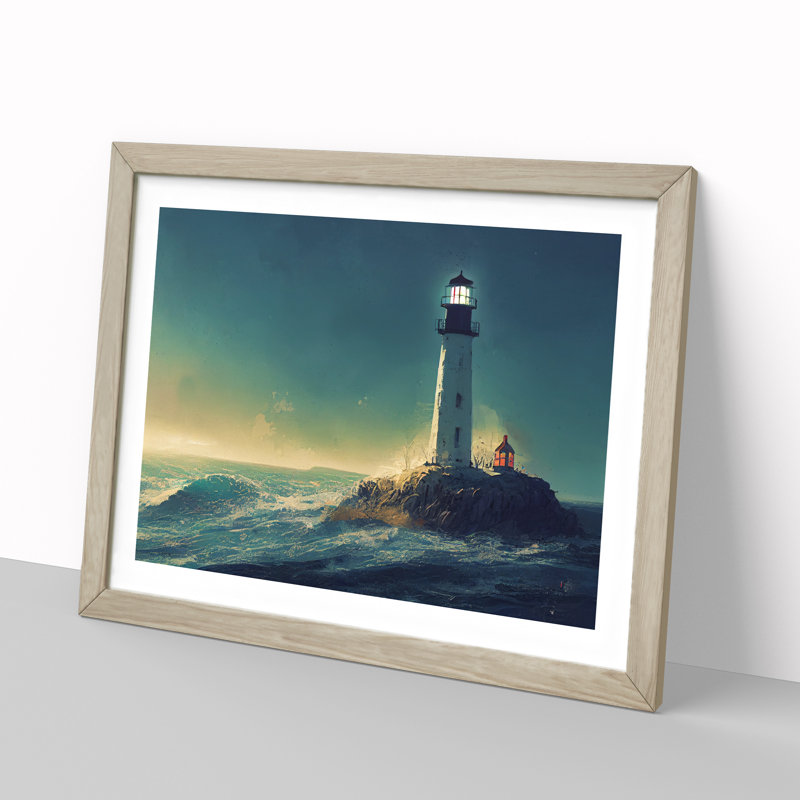 XH1022-7102X Powerful Lighthouse Sunrise - Single Picture Frame Print, 34cm H x 46cm W x 2cm D, Oak Framed