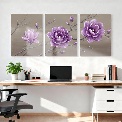 Mauve fleur de magnolia sur toile tendue, ensemble de 3 reproductions de peintures à l'huile pour salon