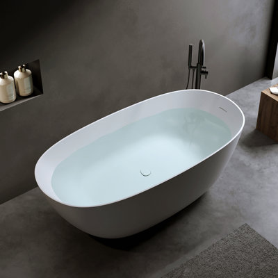 57″Solid Surface Matte Tub, Solid Surface Soaking Tub, Stone Resin Freestanding Bathtub, Thick Edge Stand Alone Tubs With Overflow, Pop-Up Drain, Matte White (Oval)