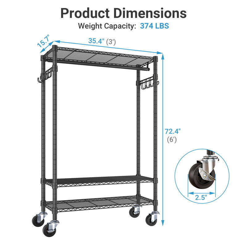 VIPEK R3 Heavy Duty Rolling Garment Rack with Wheels ,Lockable, Adjustable Shelves & Hanging Rod ,Compact Closet Storage for Small Apartments & Dorms, Black