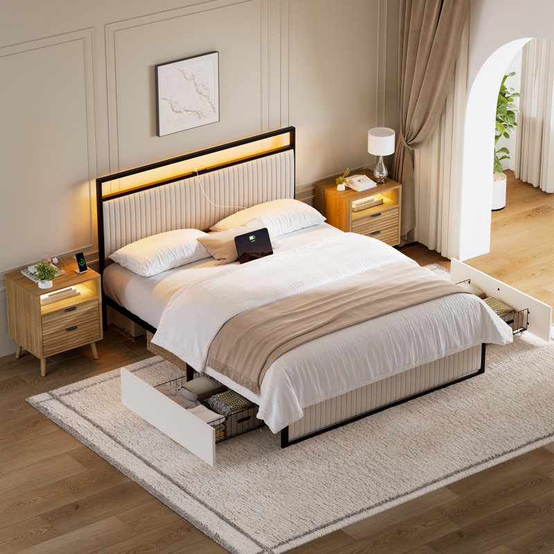Ensembles de chambre à coucher 3 pièces Grise, lit tapissier avec 2 tiroirs et table de chevet 2 vagues, Beige / Naturel