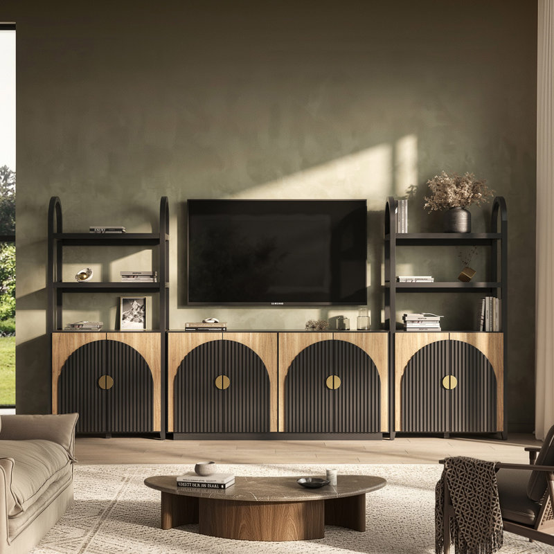 4-Piece Modular Arched TV Stand Entertainment Center Set, Mid Century Modern 2 Piece 72? Tall Storage Cabinets and 2 piece 65? Fluted TV Console for Living Room