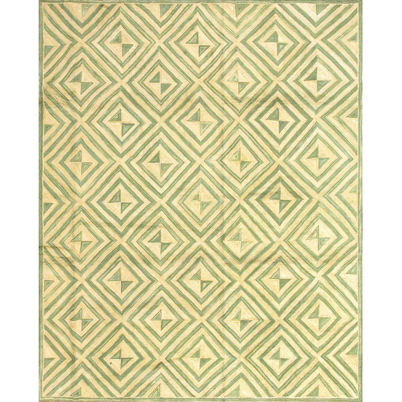 Tapis ivoire / vert en laine noué à la main de conception unique 8 pi x 10 pi