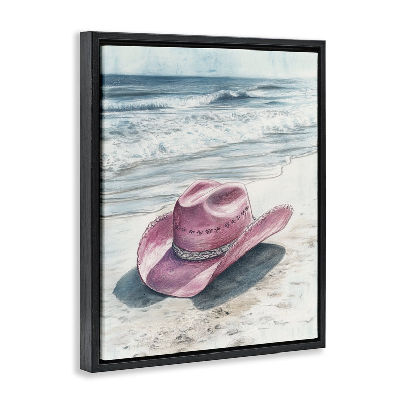 Chapeau de cow-boy sur un cadre flottant de plage, design par Heidi Kuntz, H 21 po x l 17 po, Cadre flottant noir de jais