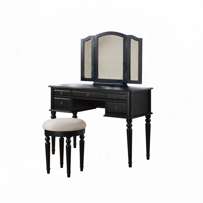 Bedroom Contemporary Vanity Set w Foldable Mirror Stool Drawers Black Color, Black